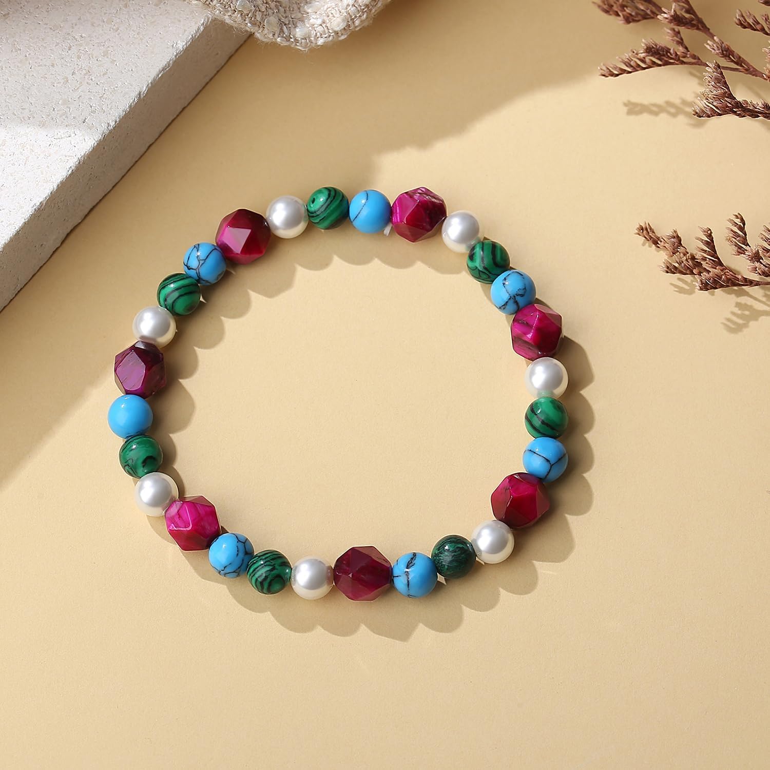 Women's Multi Gemstone 6MM Malachite Beaded Bracelets Handmade 18K Gold Ball Stretch Natural Stone Pearl Jewelry - Image 3