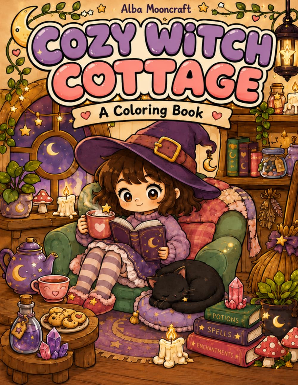 Cozy Witch Cottage Coloring Book: Bold and Easy Magical Coloring Pages with Witchy Rooms, Cats, Candles, Herbs, Crystals and Moonlit Cottage Scenes