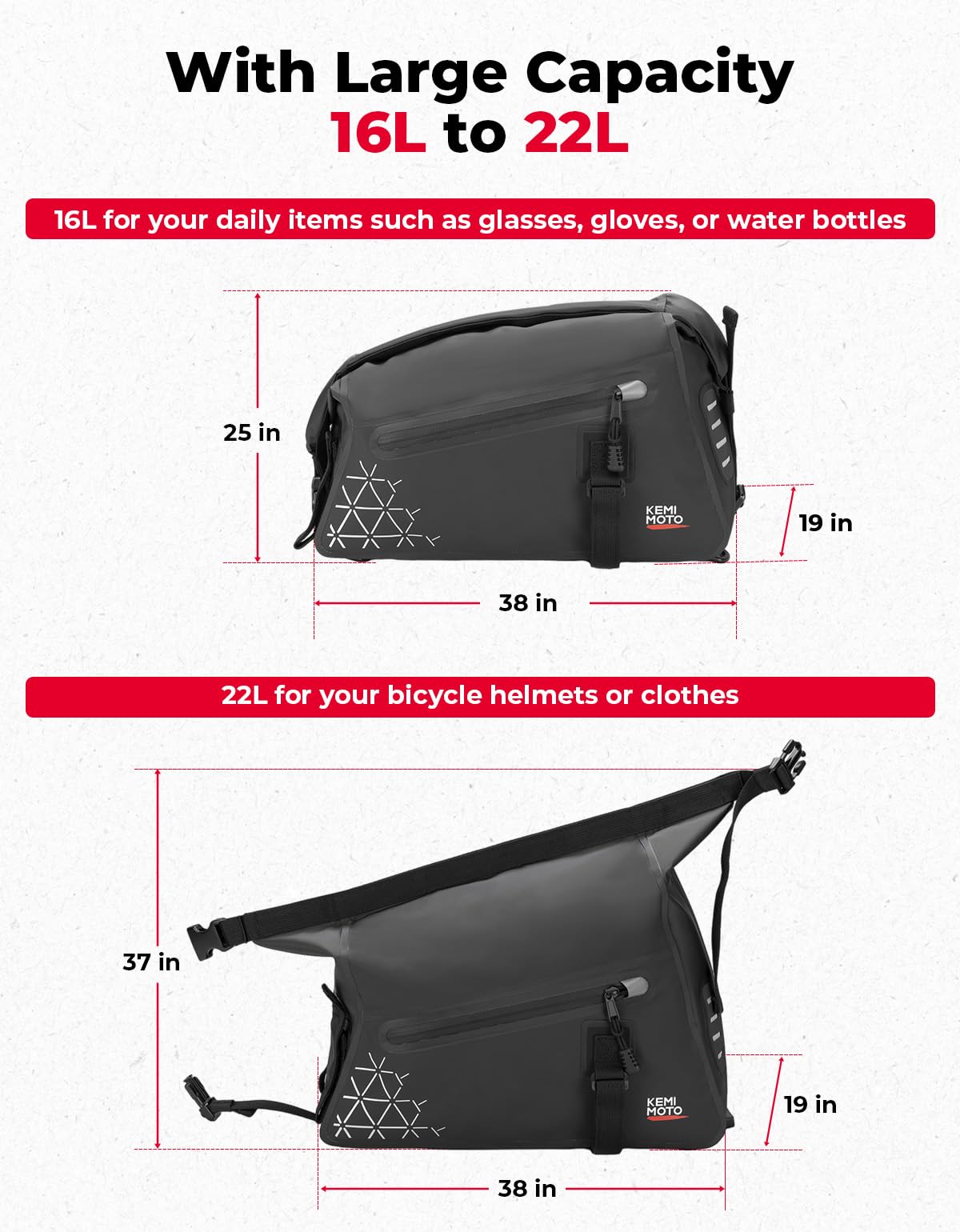 KEMIMOTO 22L Bolsa Impermeable Portabultos Bicicleta, Expandible Bolsa Trasera Bicicleta, con Múltiples Compartimentos, Asa de Transporte y Correa para el Hombro