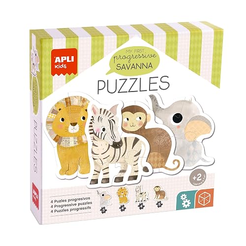APLI Kids 19440 - Puzle My First Savanna, 4 Puzzles progresivos con Piezas Grandes, Apto para niños a Partir de 2 años