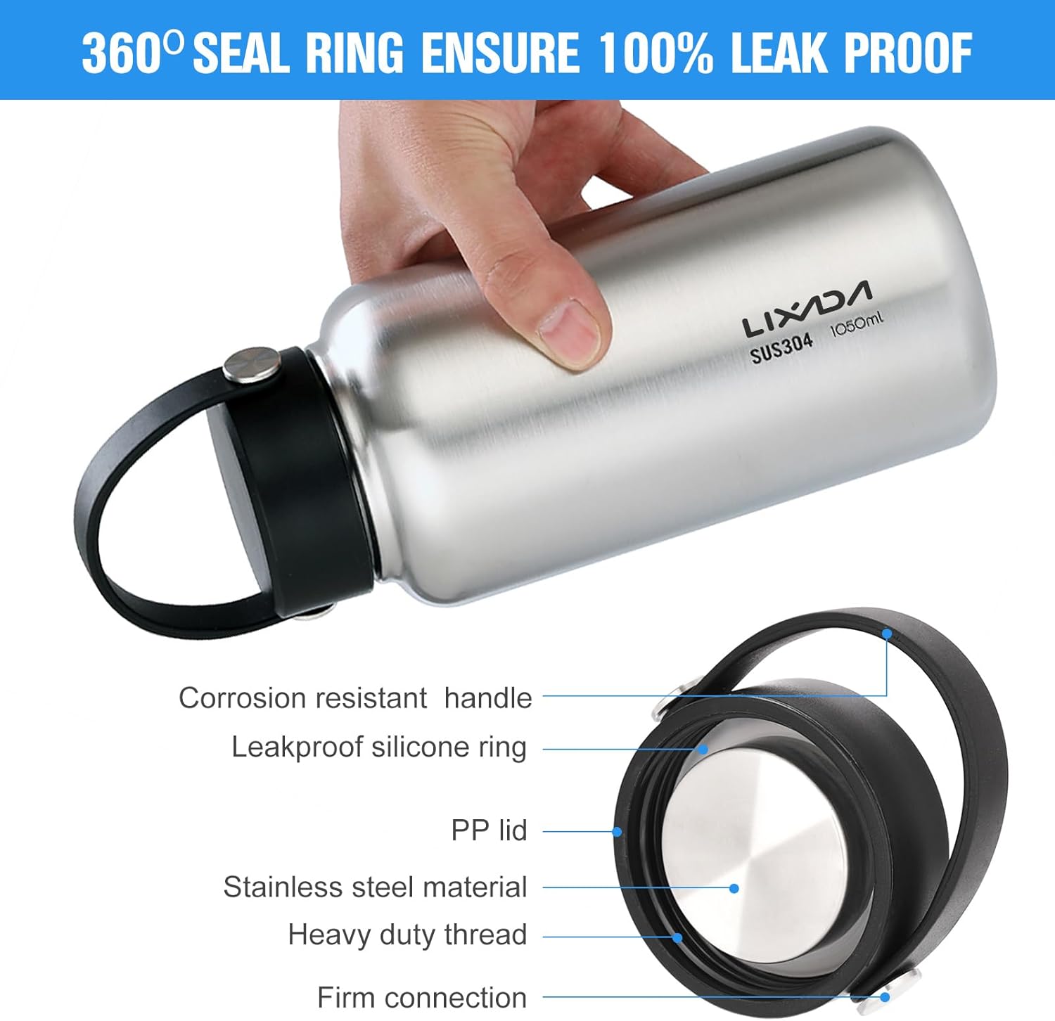 1050ml Stainless Steel Leak Proof Sports Bottle for Outdoor Camping, Hiking - Image 5