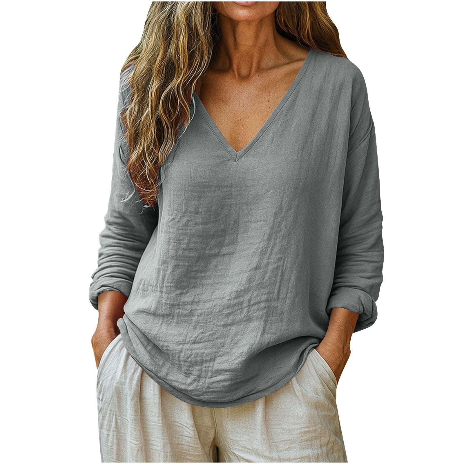 Linen Shirts for Women Long Sleeve V Neck Loose Tops Summer Beach Boho Casual Peasant Blouse — view 9