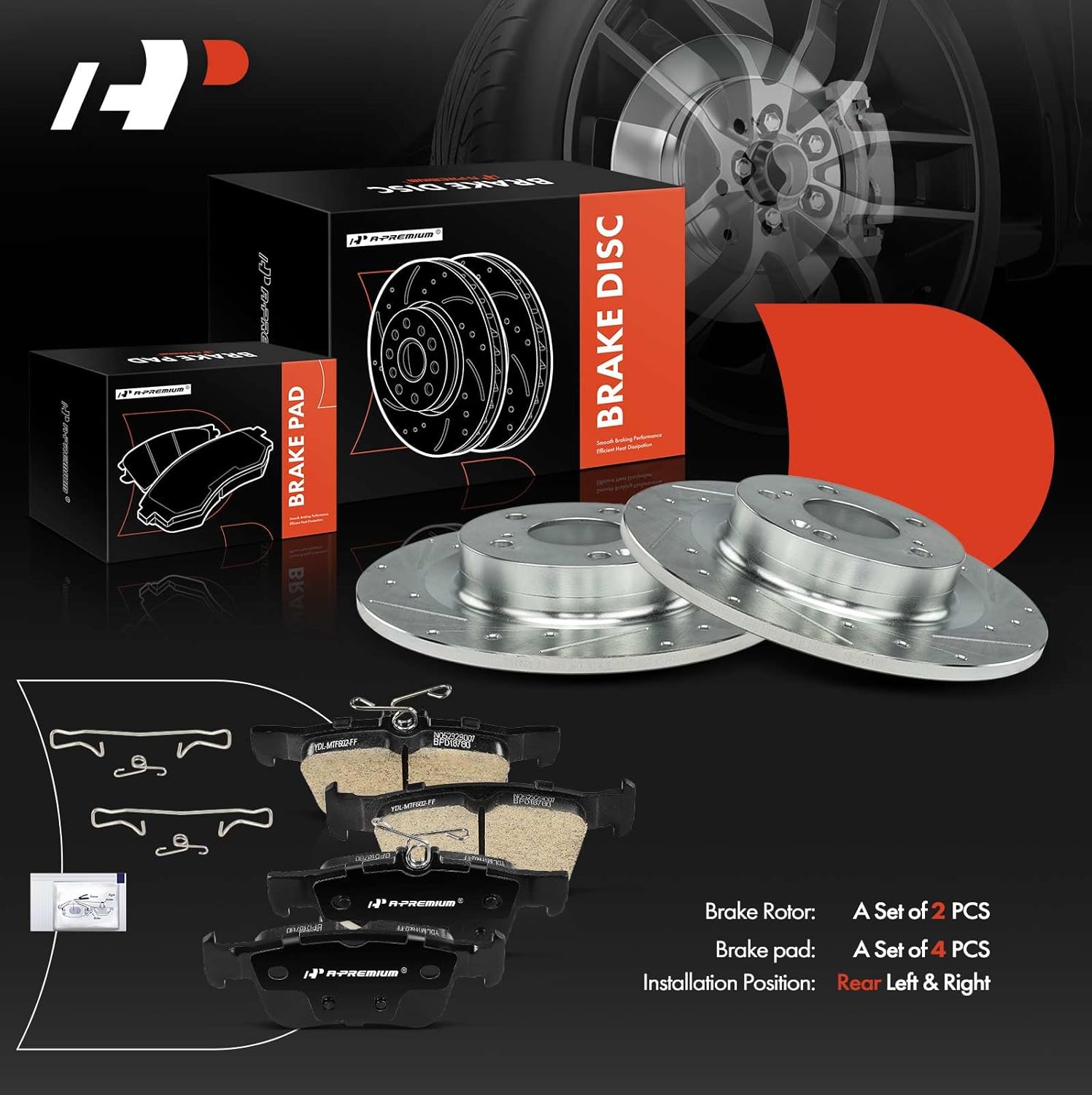 A-Premium 12.01 inch (305mm) Rear Drilled and Slotted Disc Brake Rotors + Ceramic Pads Kit Compatible with Select Honda Models - Civic 2017 2018 2019 2020, 6-PC Set