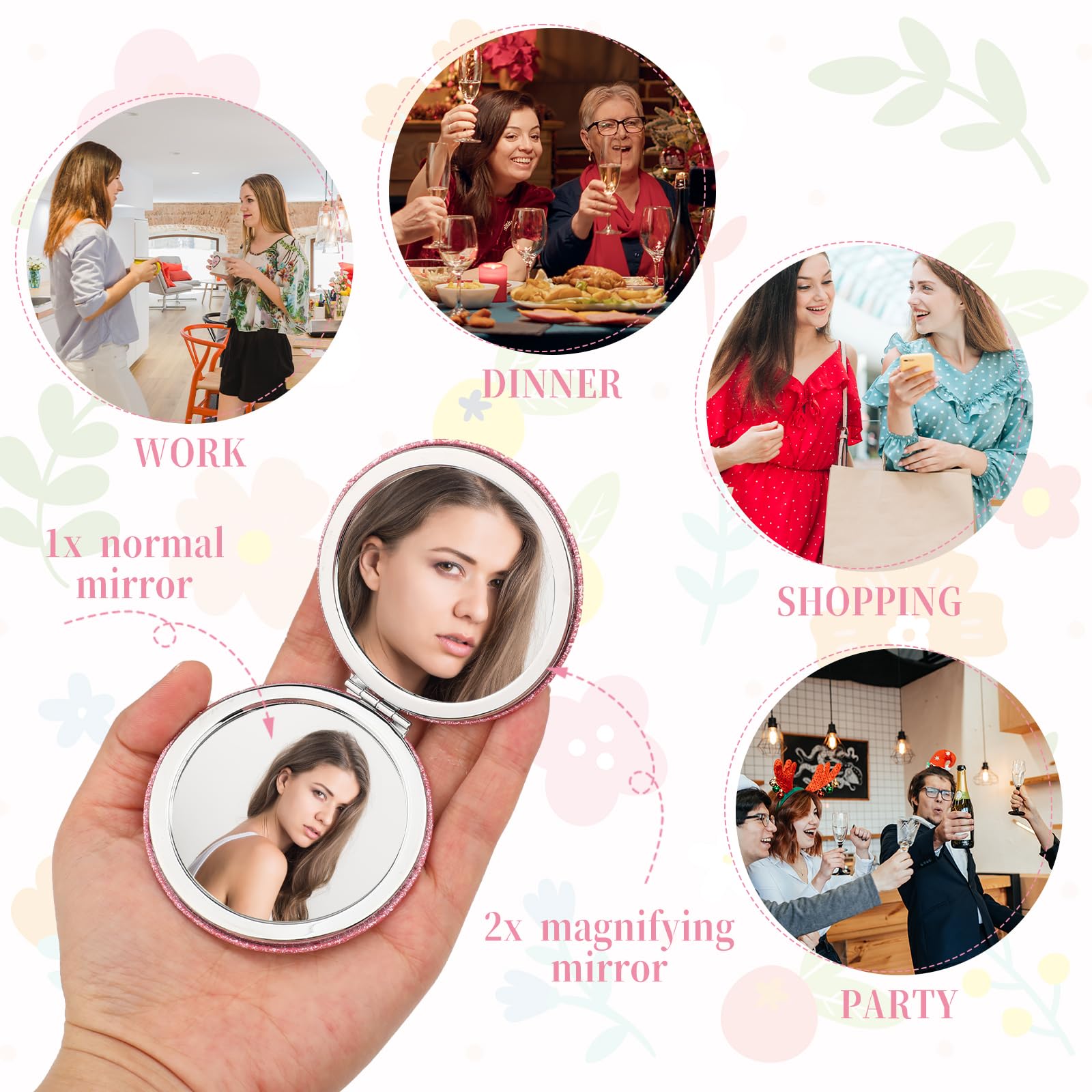 Dimeho Cosmetic Compact Mirror Folding Glitter Round Mini Makeup Mirror Portable Bling Magnifying Vanity Mirror Cute Travel Double Sided Mirror for Women Purse Handbag Wallet Home Office