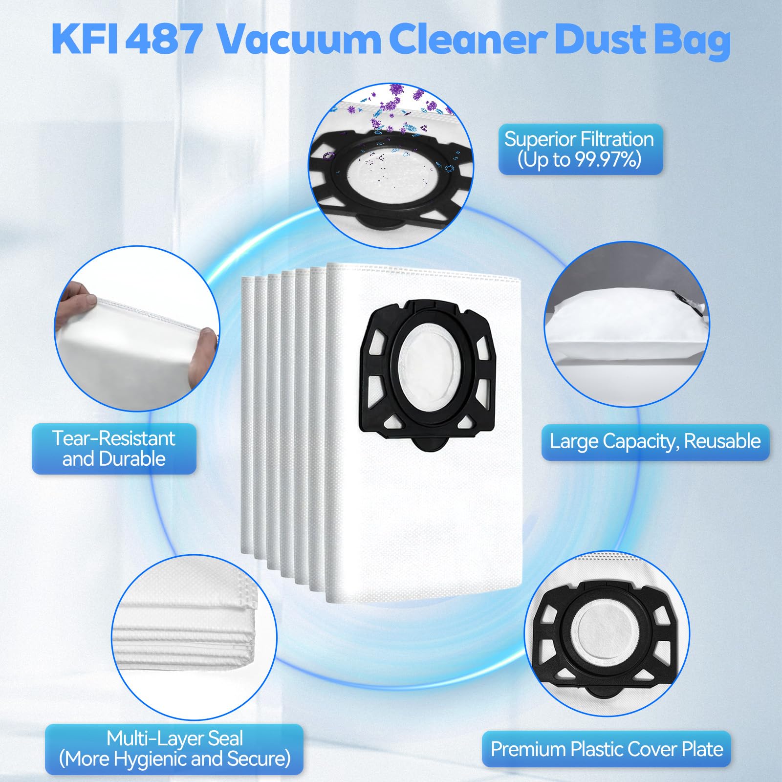 18 Bolsas KFI 487 de Aspiradora Premium para Kärcher WD4 WD5 WD6 WD5 P WD6 P MV4 MV5 MV6, Para 2.863-006.0 Aspiradores en Seco y Húmedo, Bolsas Filtrantes no Tejidas, Robustas y Duraderas