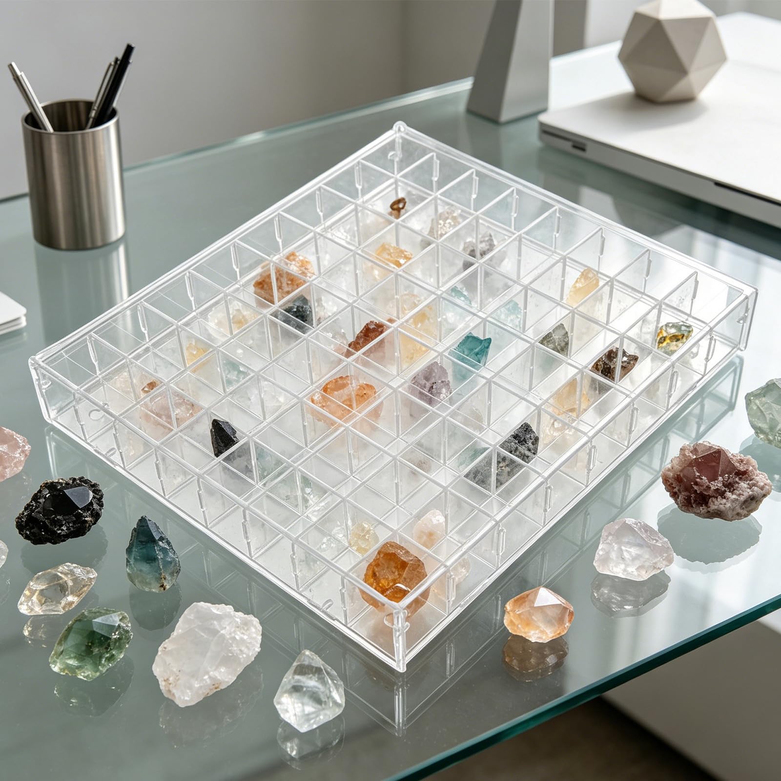 Vitrina Expositora Acrílica para Colecciones de Minerales y Cristales con 64 Compartimentos y Puerta, Adecuado para Habitaciones Compactas y Montaje en Pared