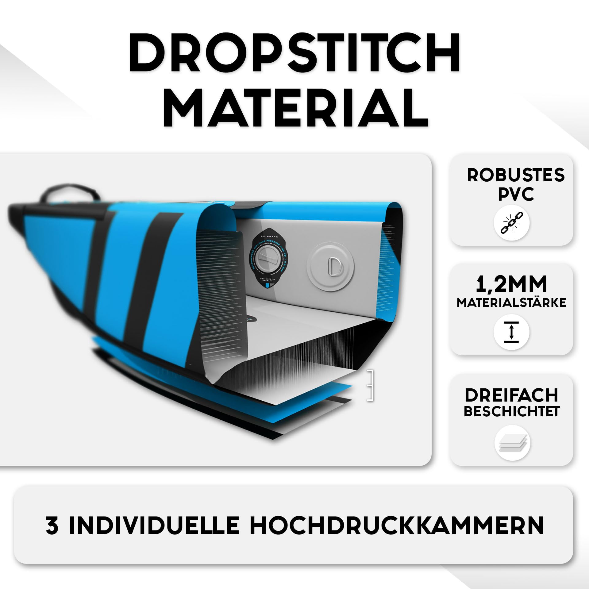 SKINHAWK Blu KAJAK-2 Persone Drop-Stitch Blu Barca Canna 385 cm x 85 cm