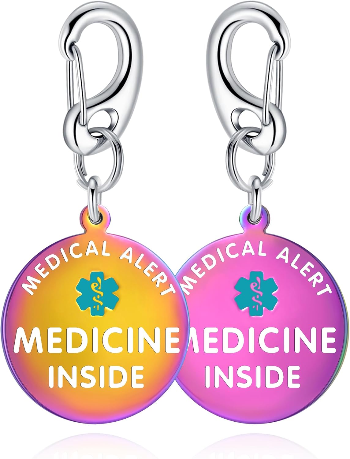 Divoti 1.25" "Medicine Inside Medical Alert Bag Tag with Quick Clip – Dual-Sided Stainless Steel Emergency ID for Kids & Adults – Backpack & Medical Supply Tag丨PVD Rainbow