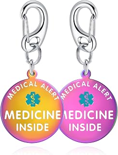 Divoti 3.2cm(1.25인치) "Medicine Inside 의료 경고 가방 태그 - 어린이 및 성인용 양면 스테인리스 스틸 비상 신분증 - 백팩, 수하물 및 의료 용품 태그 (퀵 클립, 지퍼 풀 또는 케이블 루프), 3.2cm(1.25인치) Pvd 레인보우 퀵 클립, 생생하고 세련된 무지개
