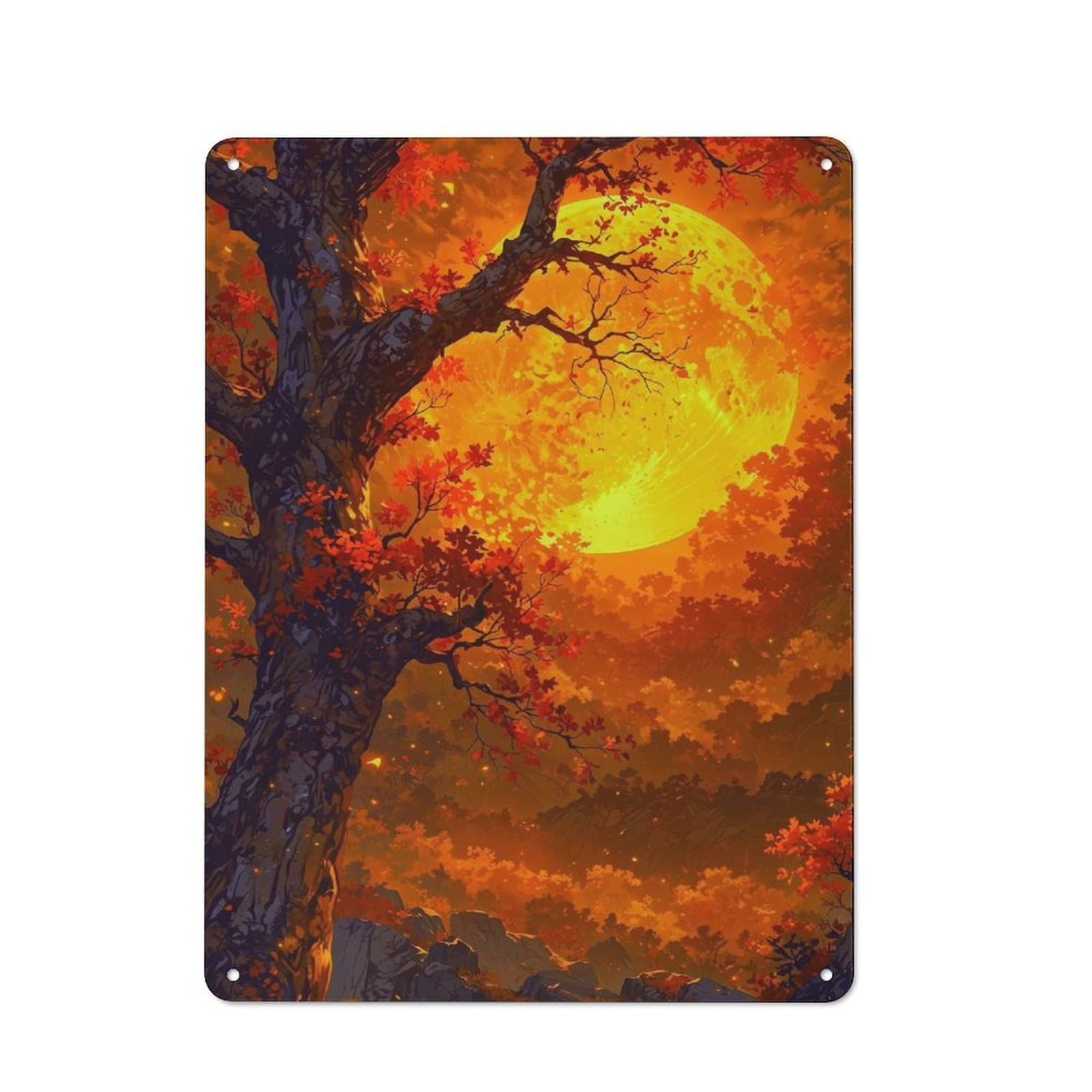 Junmoney Style-12 Tin Wall Plaque 40X30cm With Autumn Moonlit Forest For Bar Or Restaurant, For Hospitality Decor Collectors