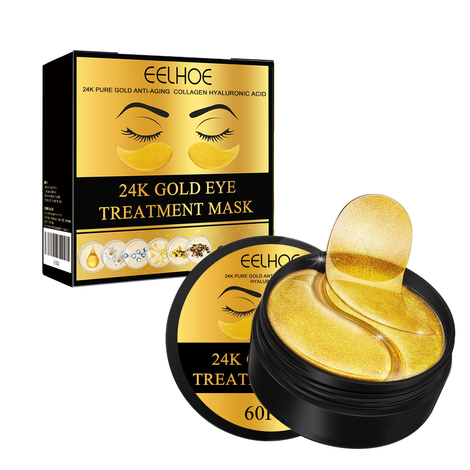 24K Gold Under Eye Mask, 60PCS Collagen Gel Patches for Puffy Eyes, Dark Circles, Eye Bags, Fine Lines & Wrinkles, Anti-Aging Hydrating Eye Treatment Patches