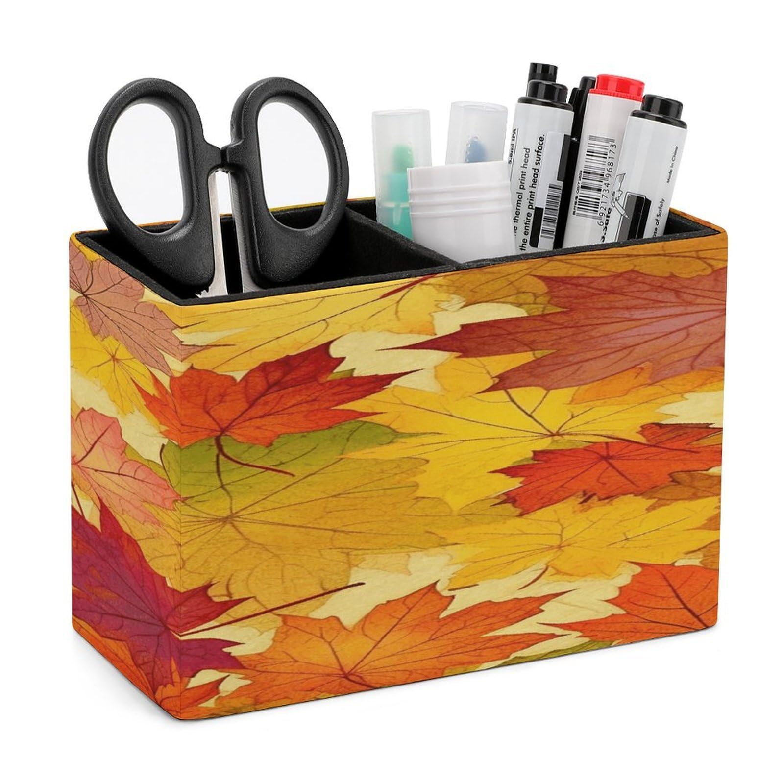VstaDank Autumn Leaves of Maple Pen Holder Double Compartments Pen Cup Fashion Makeup Brush Holders Leather Pencil Holder for Work Locker Accessories Modern Pencil Cup for Desk Organizer