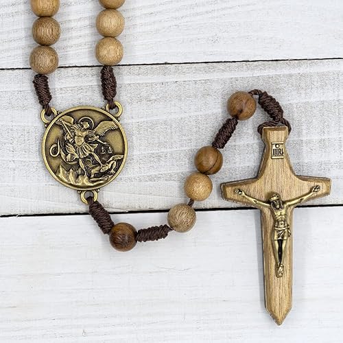 Miniatura 2 de Rosario de madera de San Miguel Arcángel en cordón | Cuentas de granizo María de madera de 0.394 in | Cruz con cuerpo de tono bronce | Gran regalo
