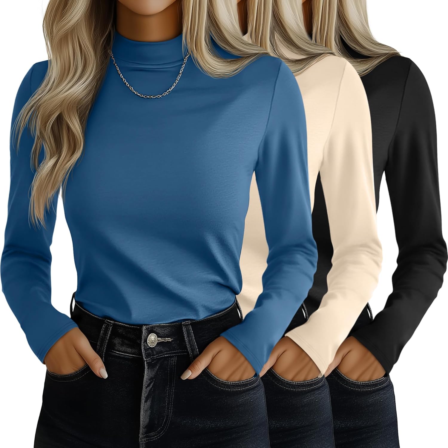 Ficerd 3 Pack Women's Mock Turtleneck Shirts, Long Sleeve Mock Neck Pullover Tops Slim Fitted Stretch Undershirt Tee Blouse