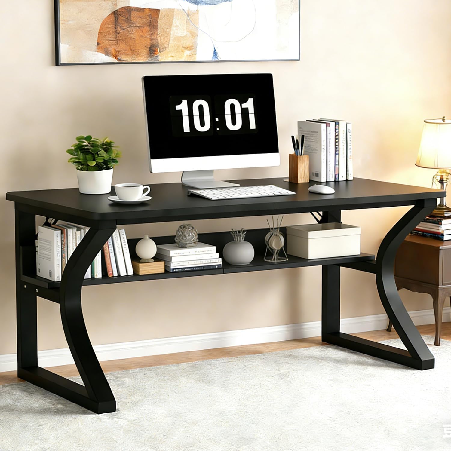 55 inch Computer Desk, Home Office Desk with Storage Shelf, Sturdy U-Shaped Metal Frame Study Table with Cable Management, Gaming Desk for Office & Bedroom