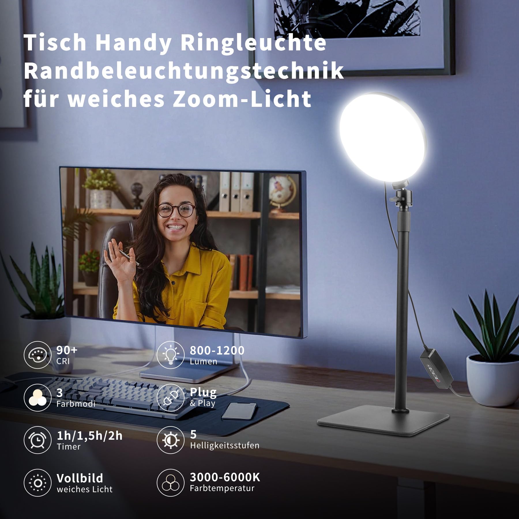 Luce Video LED per Videoconferenze Zoom Meeting Online con Supporto Telefono 3 Modalita Colore 5 Livelli Luminosita Alimentazione USB per Streaming Live Webcam Home Office Selfie Professionale