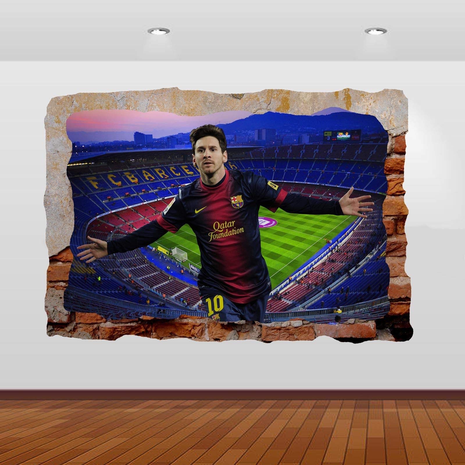 Top Prints Lionel Messi Nou Camp Football Club Stadium 3D Window Smashed Wall Sticker Poster Decal Mural Bedroom Art 792 (65X40cm)