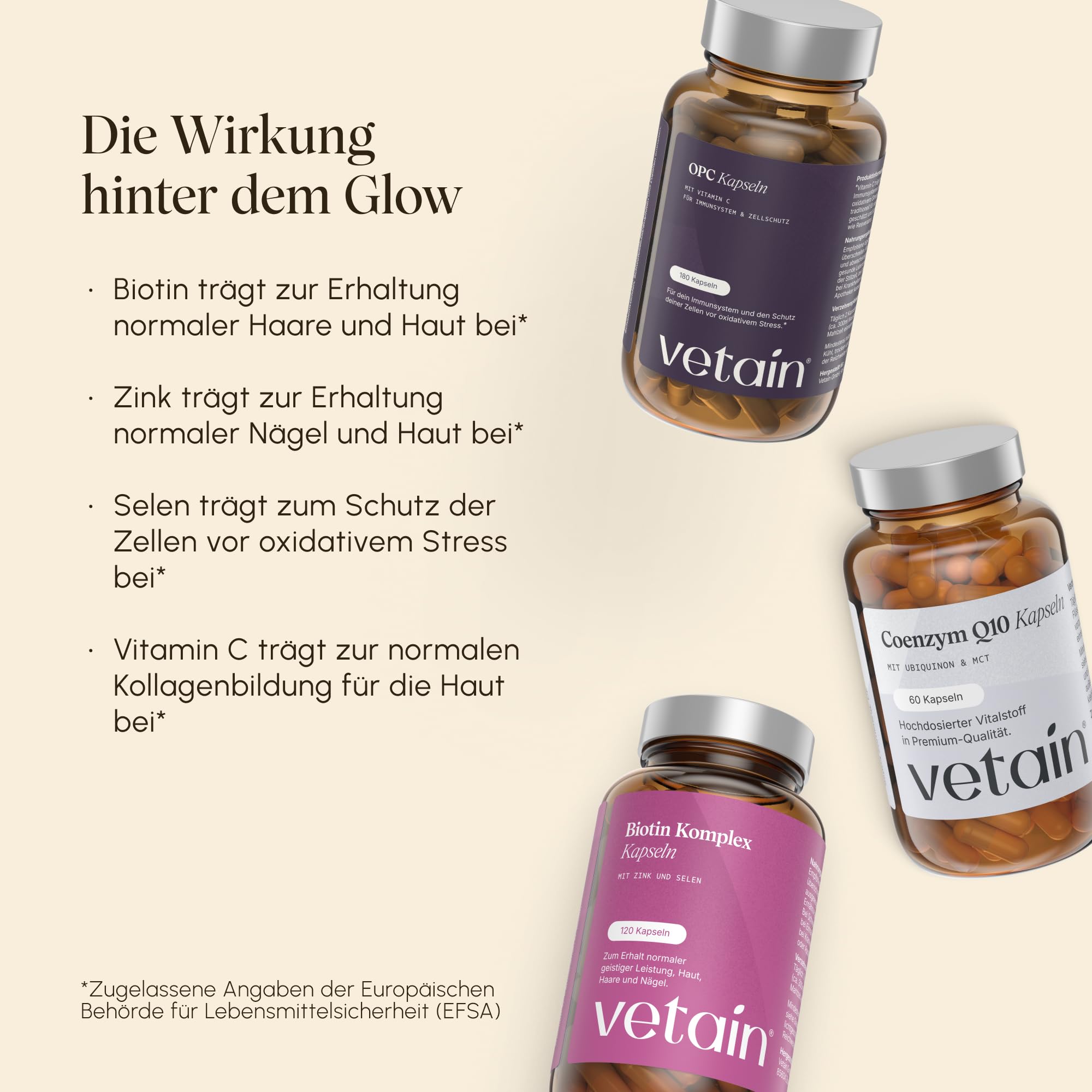VETAIN Anti Aging Glow Set – Mit Biotin Komplex, Coenzym Q10 & OPC – Haut, Haare & Zellschutz von innen – GRATIS Premium Tablettenbox - hochdosiert & vegan – produziert in Deutschland