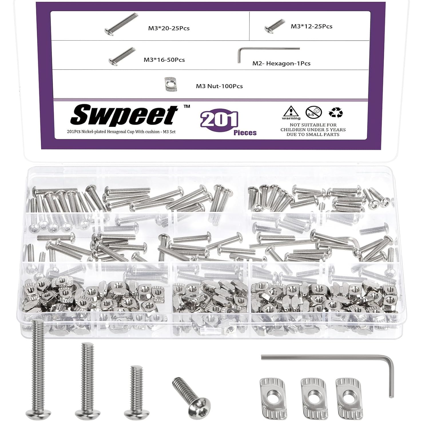 Swpeet 363Pcs M3 M4 M5 Nickel Plated T Nuts Screw with Hex Wrench Assortment Kit, T Slot Nut Hammer Head Fastener, Button Head Hex Socket Head Cap Bolts for 2020 Series Aluminum Profile Groove