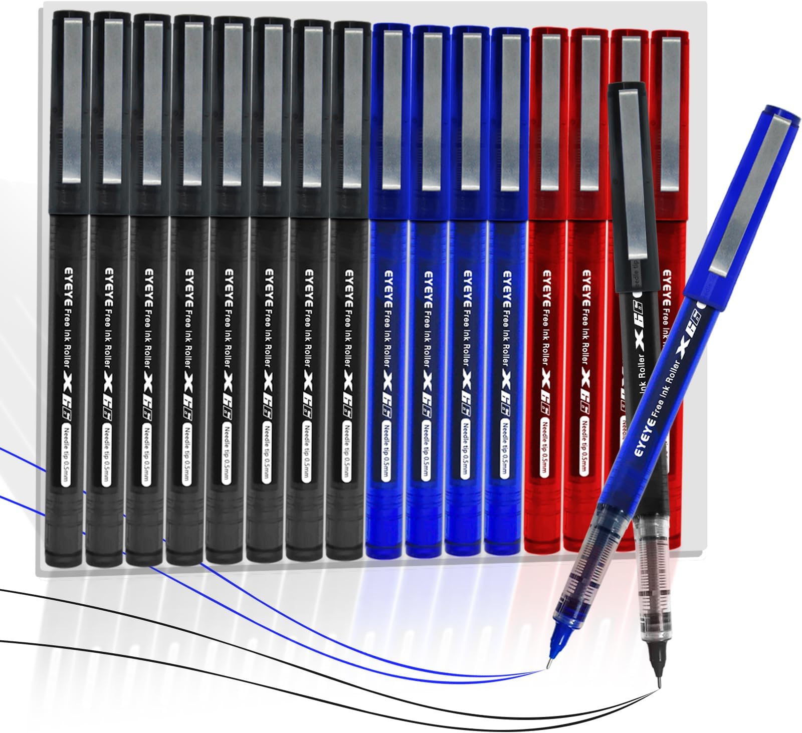 3 Colors Liquid Ink Rollerball Pens, 16 Packs (8 Black & 4 Blue & 4 Red) Quick Dry Gel Pen, 0.5mm Fine Needle Nib for Taking Notes Doodling, School Office Home Supplies