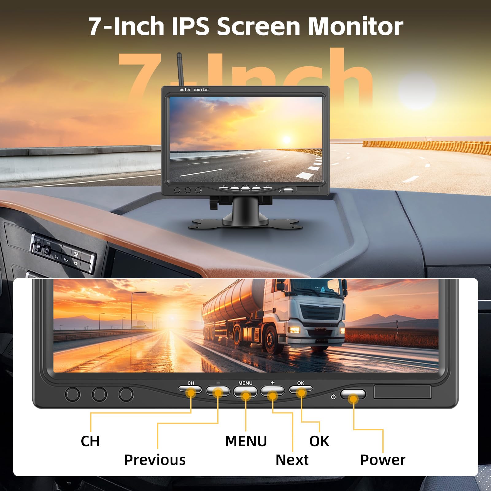 Hikity Cyfrowy monitor LCD 12-36 V, 7 cali, kamera cofania, bezprzewodowa, IP68, widoczność w nocy, kamera cofania, radiowa, kamera do przyczep kempingowych, ciężarówek, autobusów, vanów