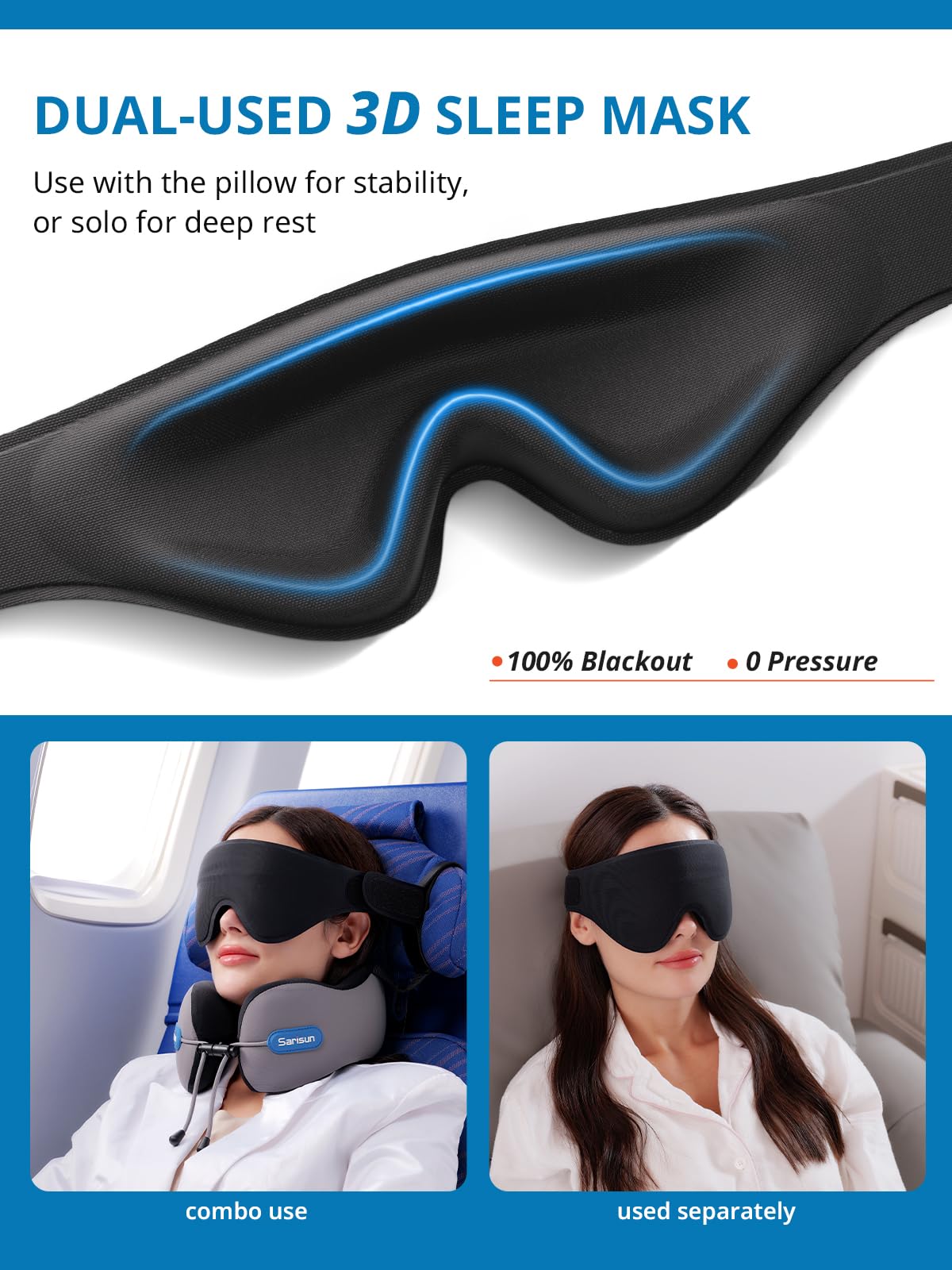 SARISUN Almohada de Viaje para Cuello, Cojin de Viaje Cuellos para Avión y Coche, Neck Travel Pillow, Viajes Accesorios Incluye Almohada Viaje Cuello Antifaz 3D para Dormir, Espuma Memoria Gris