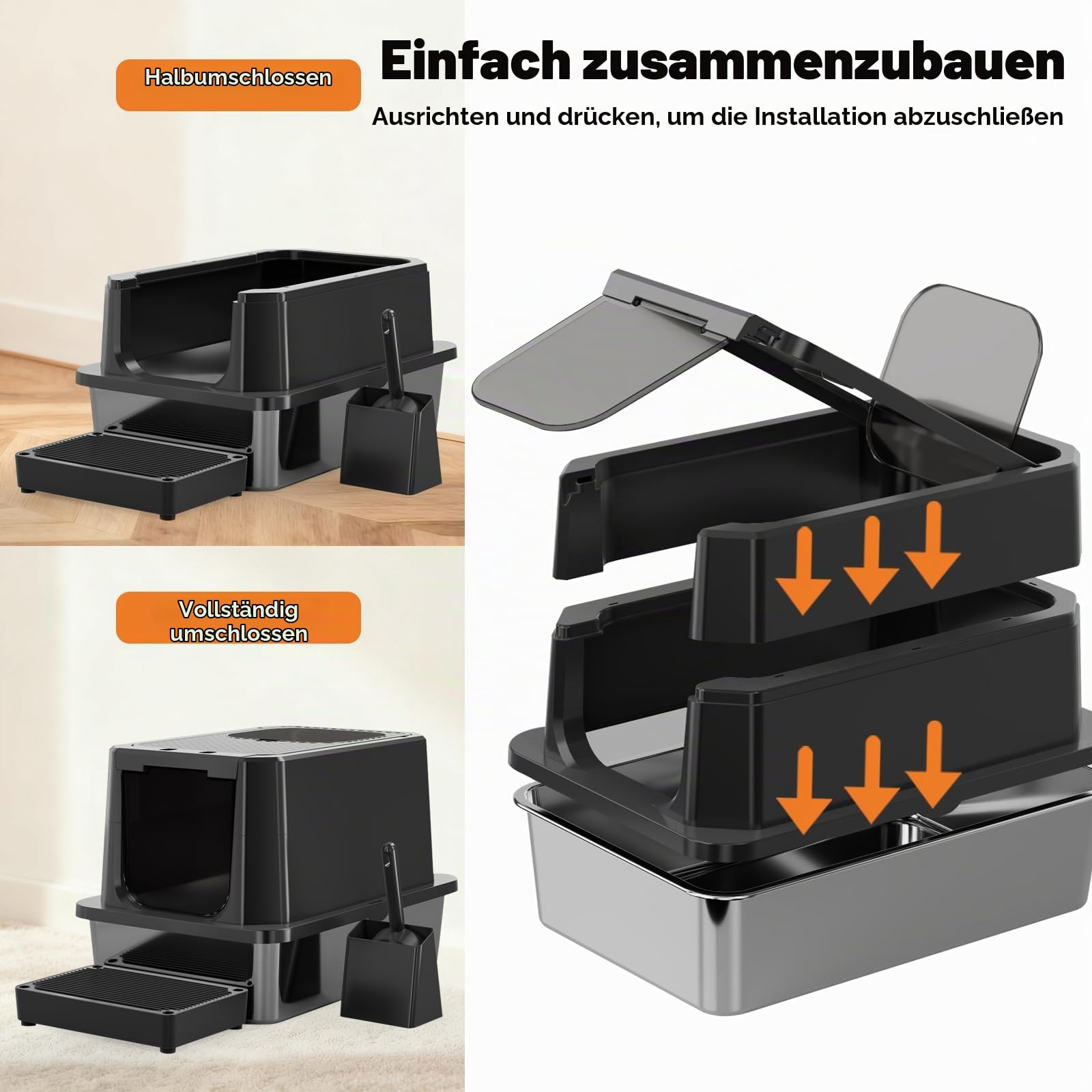 Sfozstra Geschlossene Edelstahl-Katzentoilette mit erhöhten Rändern: auslaufsicher geruchsneutral - leicht zu reinigen & Kratzfest - Für kleine bis große Katzen, für Schlafzimmer Balkon in Schwarz
