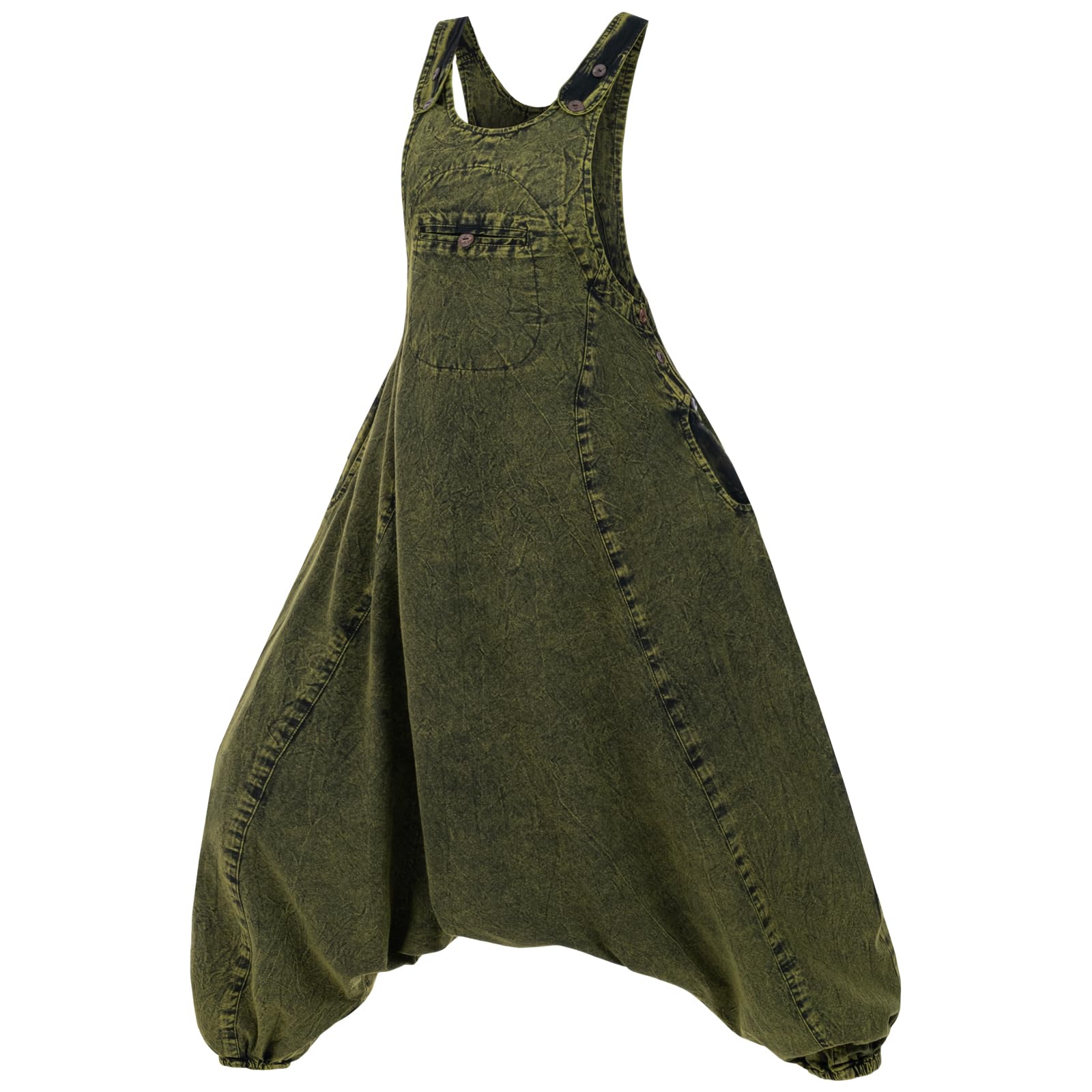 Kunst und Magie Damen Latzhose Hippie Haremshose Goa Hose Boho 70er Jumpsuit Overall Stonewashed Catsuit