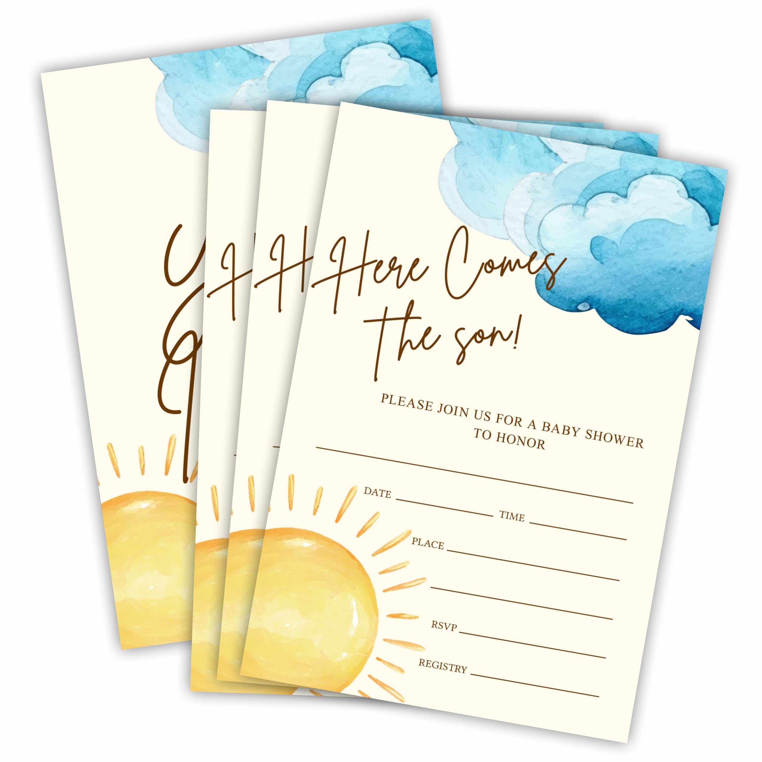 Here Comes The Son! Baby Shower Invitation Cards With Envelopes, Watercolor Sun & Clouds Invites For Baby Shower, Gender Reveal, Baby Announcement, Party Favor & Accessories(25Pcs) - B12