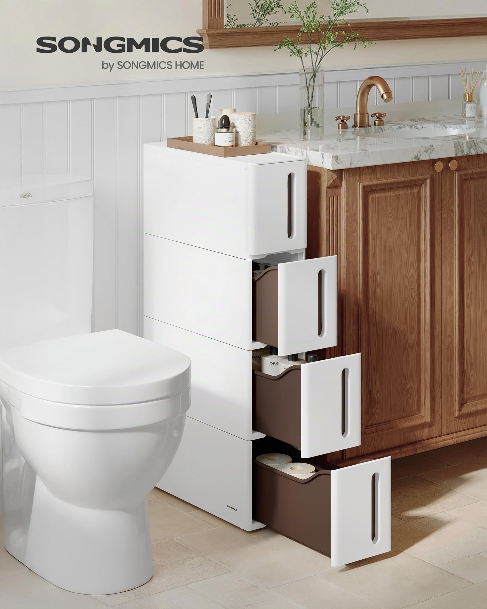 SONGMICS Étagère de Rangement à Roulettes pour Petits Espaces, Chariot Roulant avec 4 Tiroirs, Largeur 17,3 cm, Fin, Salle de Bain, Cuisine, Plastique PP, 45,2 x 17,3 x 84 cm, Blanc et Marron KFR08WT