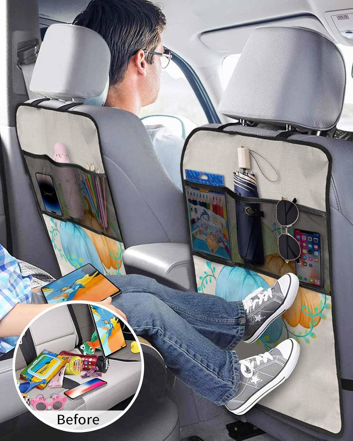 Car Seat Protector, 2 Pack Kick Mats with Organizer - 3 Pocket Storage, Fall Autumn Vintage Harvest Pumpkin Thanksgiving Back Seat Cover for Kids Universal Fit Automotive Interior Protectors