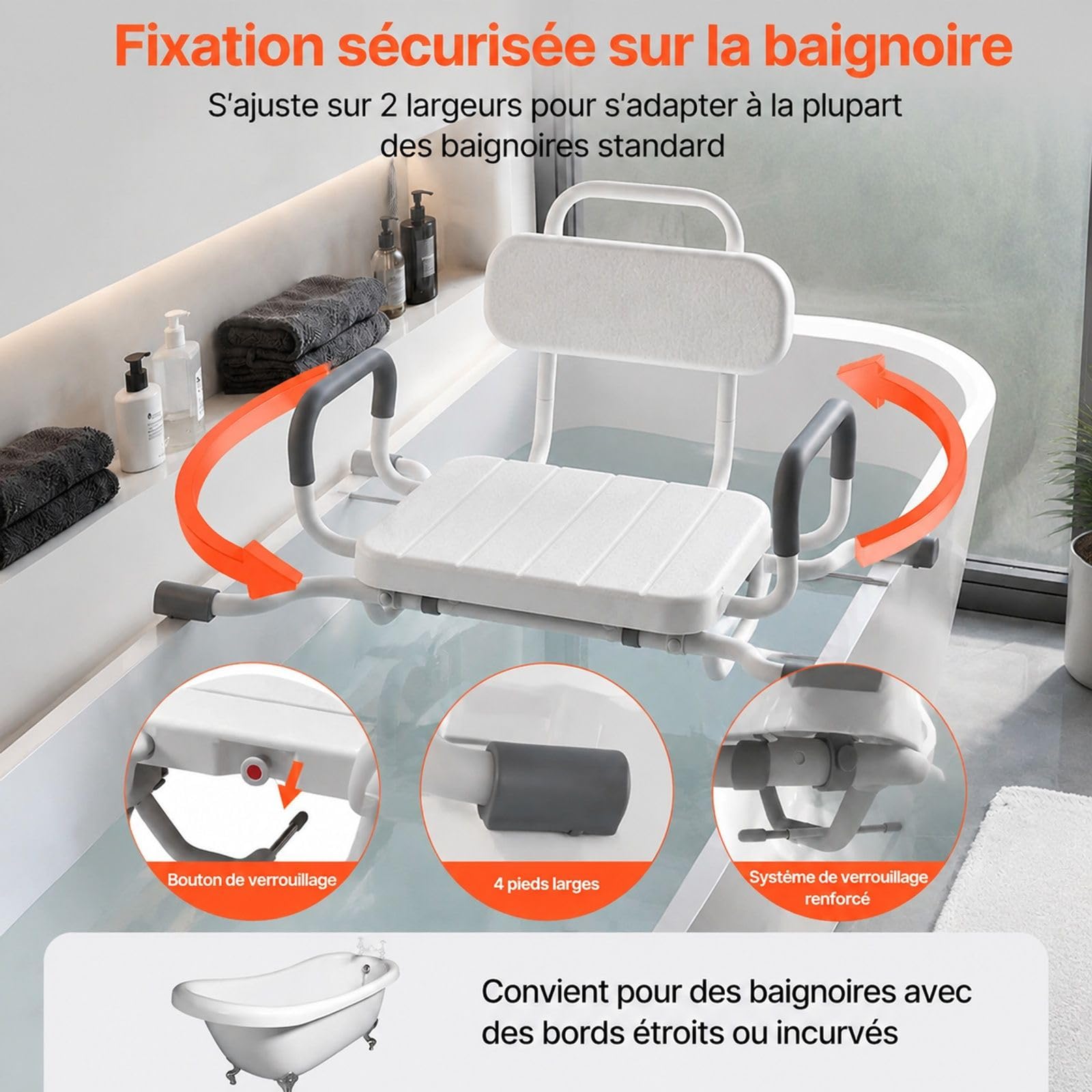 Siège de Baignoire pivotant, Banc de Transfert pour Baignoire avec Dossier et accoudoirs, Installation sur Baignoire, Chaise de Douche pour Salle de Bain
