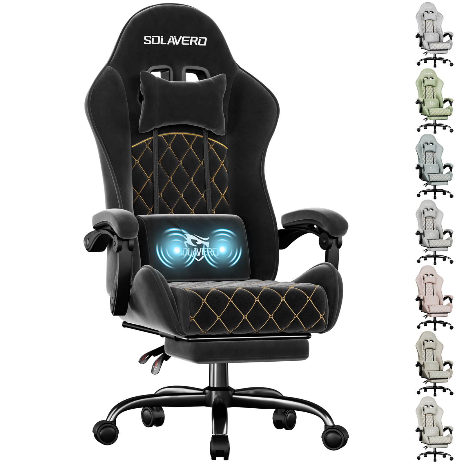 Precision Synergie Fabric Massage Gaming Chair for Adults, Ergonomic Video Game Chairs, Comfy Computer Chair with Footrest, Lumbar Support and Height Adjustable, 360ยฐ-Swivel Home Office Chairs (Black)
