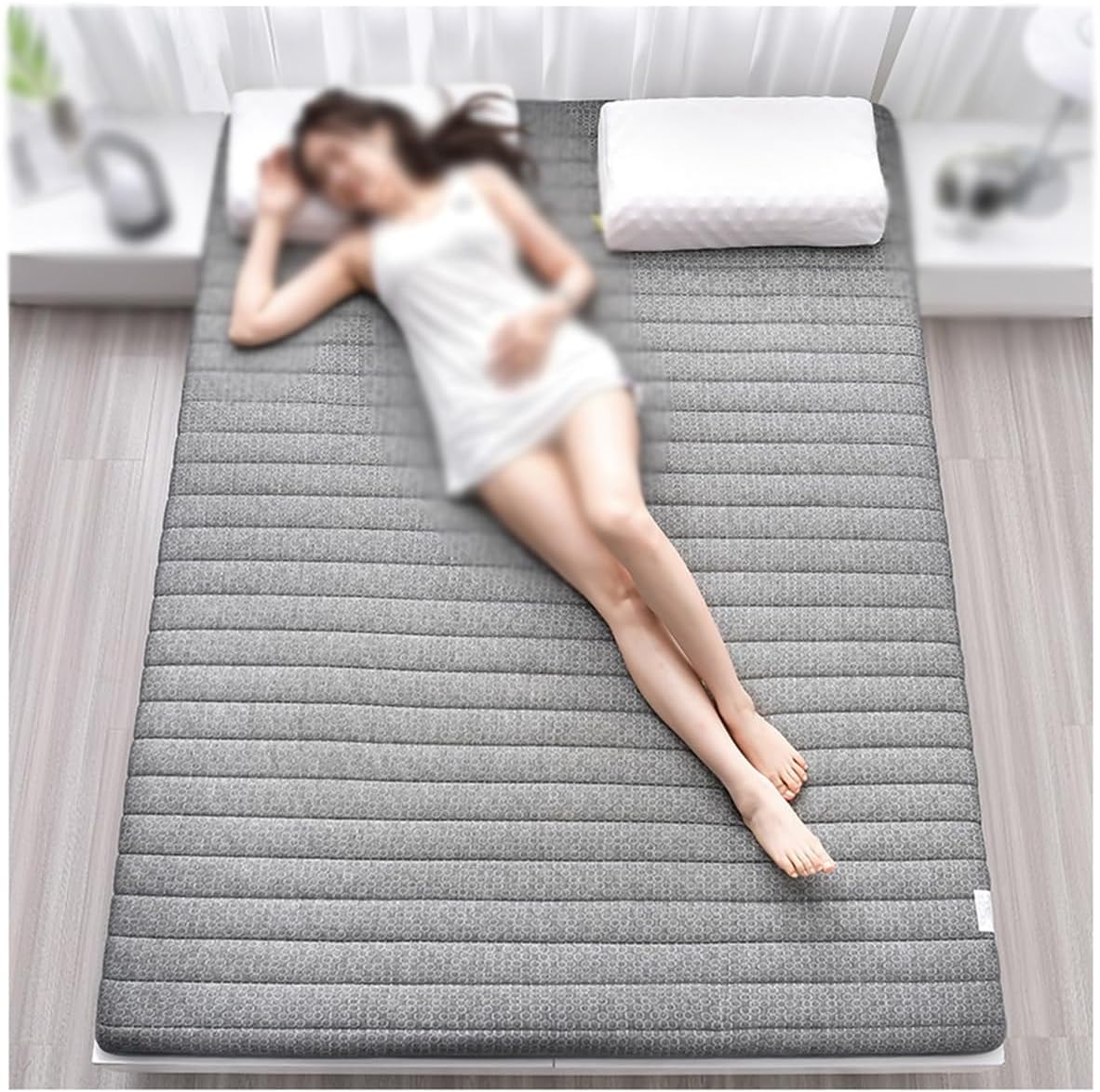 Portable Japanese Futon Mattress Tatami Floor Mat Roll-up Sleeping Pad for Dormitory Indoor Outdoor(White,0.9 * 2.0m(5cm))