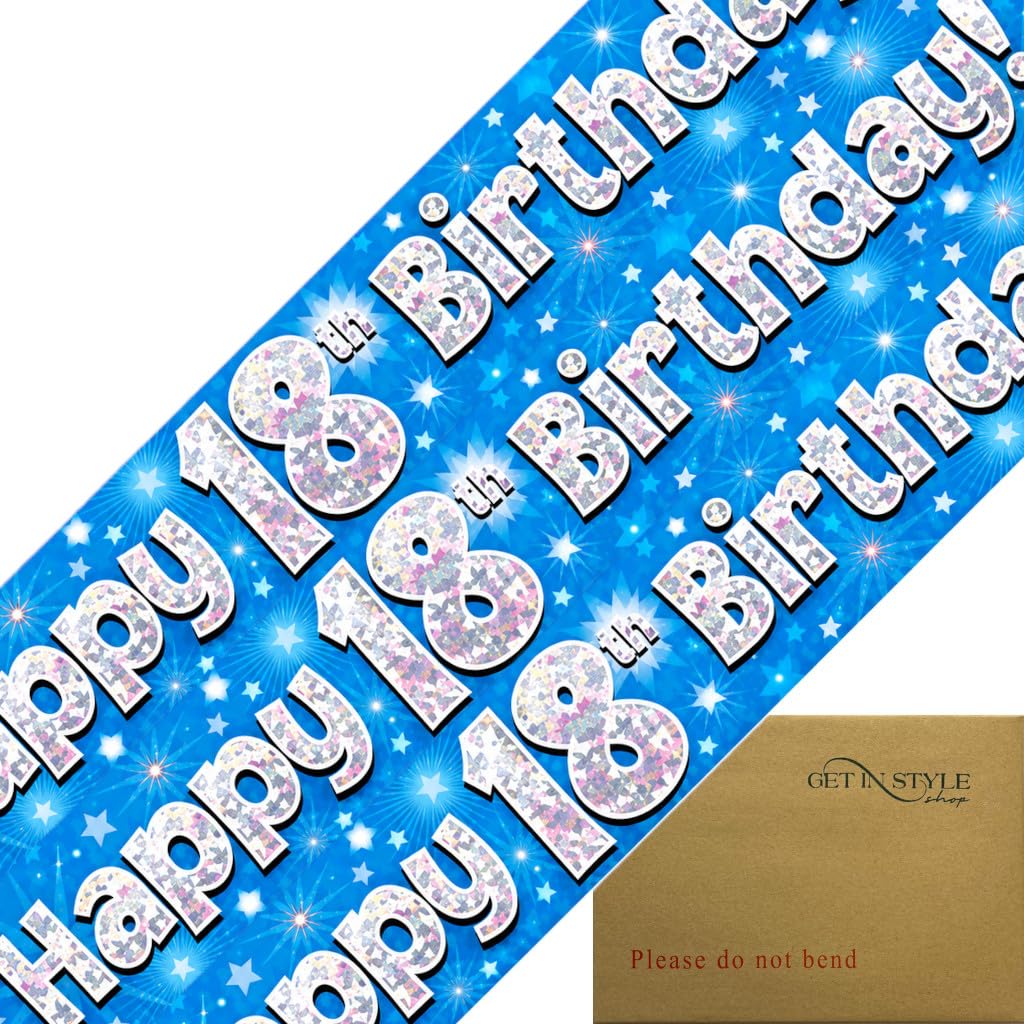 9ft Banner Happy 18th Birthday Blue Holographic Foil Pennant Age 18 (274cm)
