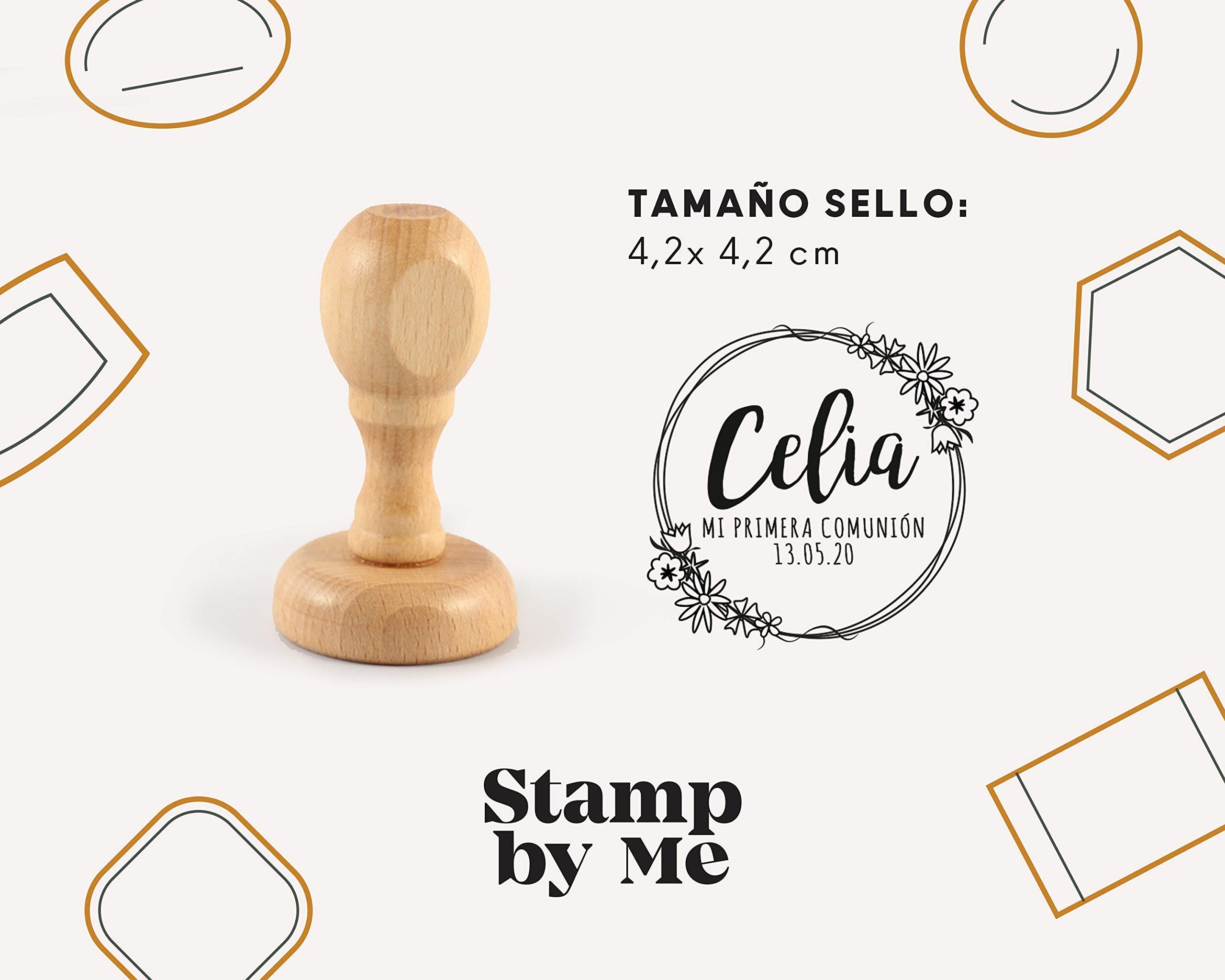 Stamp by Me | Sello Personalizado para Comunión | 4 Diseños | Sello de Madera | Sello de Comunión | Ideal para Sobres e Invitaciones | Con Tampón de Tinta Opcional | Nombre y Fecha | Corona Flores
