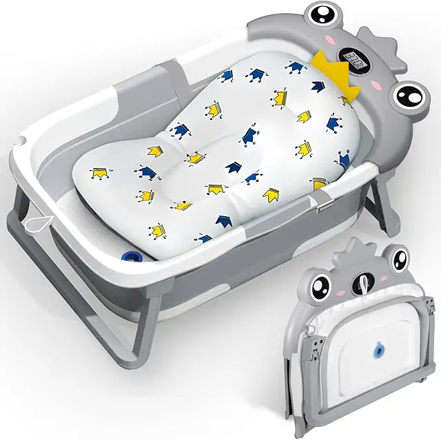 Baignoire Bébé Pliable avec Thermomètre et Coussin Antidérapant - 0-3 ans (Gris)