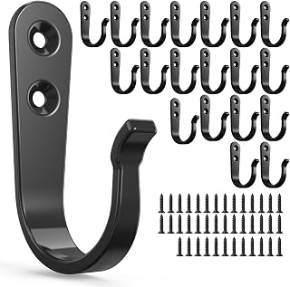 BREYDROK 20-Pack Heavy Duty Black Metal Towel Hooks for Bathroom, Robe, Coats, Kitchen, Garage & Closet Organization