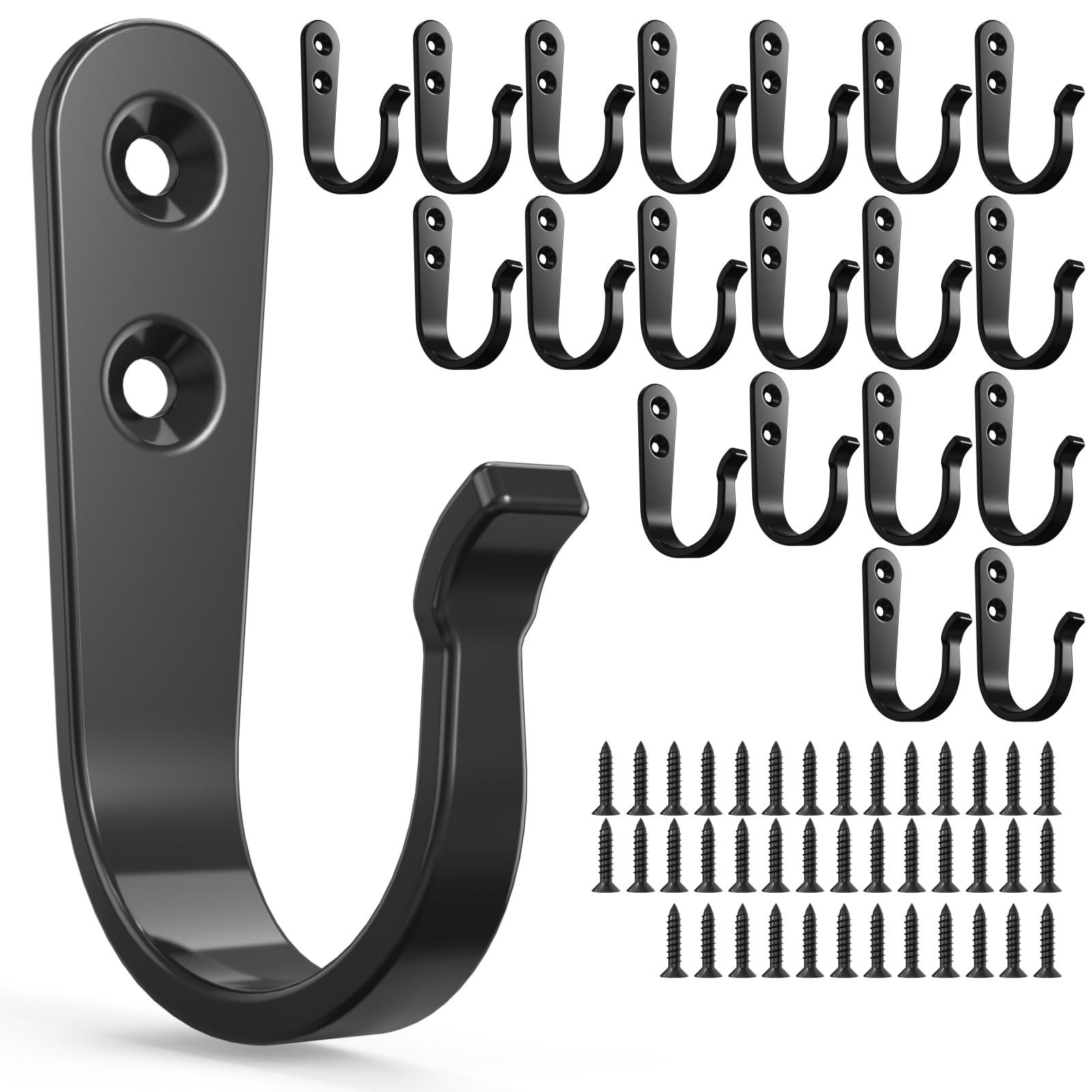 20-Pack Towel Hooks for Bathroom, Heavy Duty Black Metal Wall Hooks for Robe, Coat, Kitchen, Closet, Garage Organizer