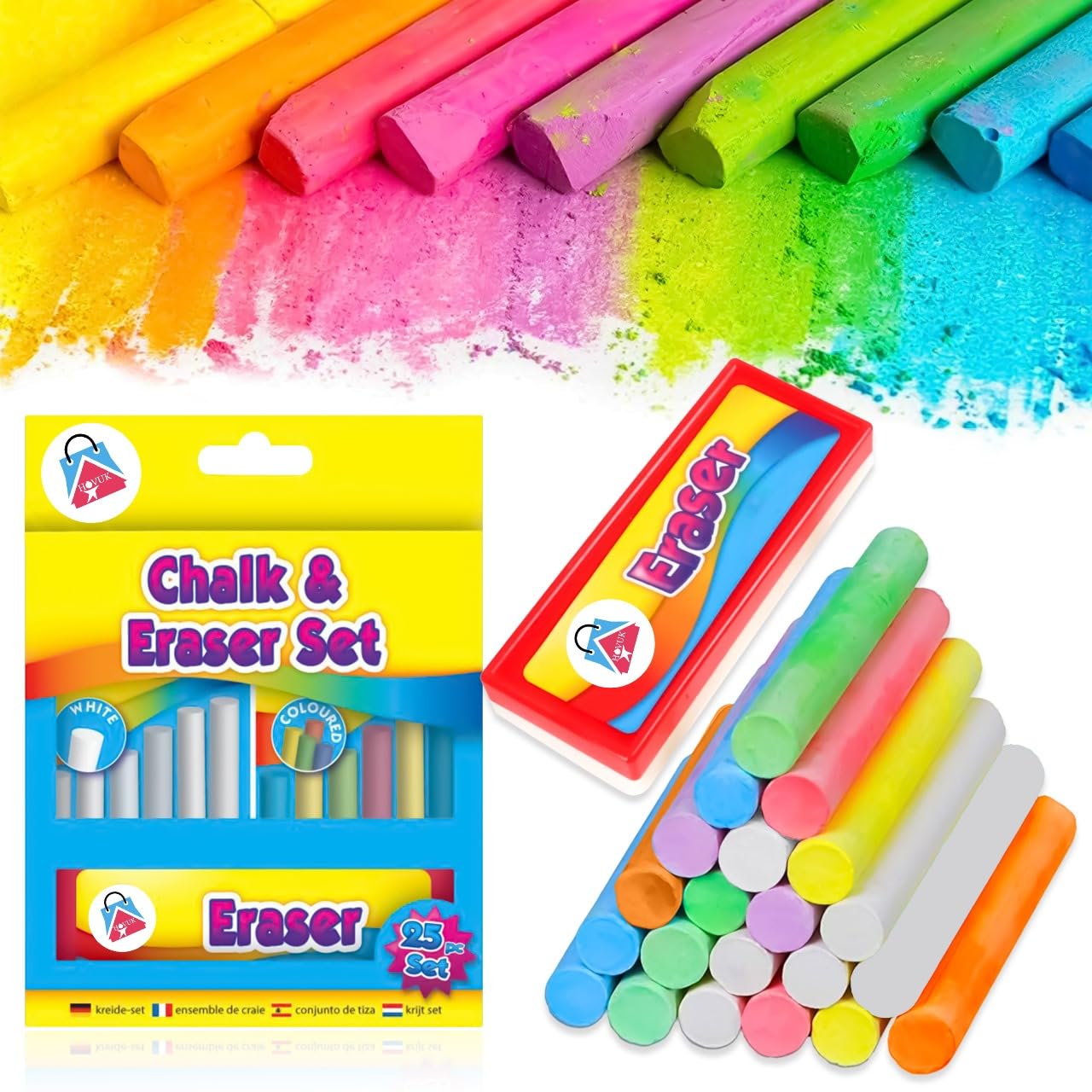HOVUK Chalk and Eraser Set for Blackboard (25Pk Set) - White and Coloured Chalk with Sponge Eraser, School Supplies for Kids 3+Years