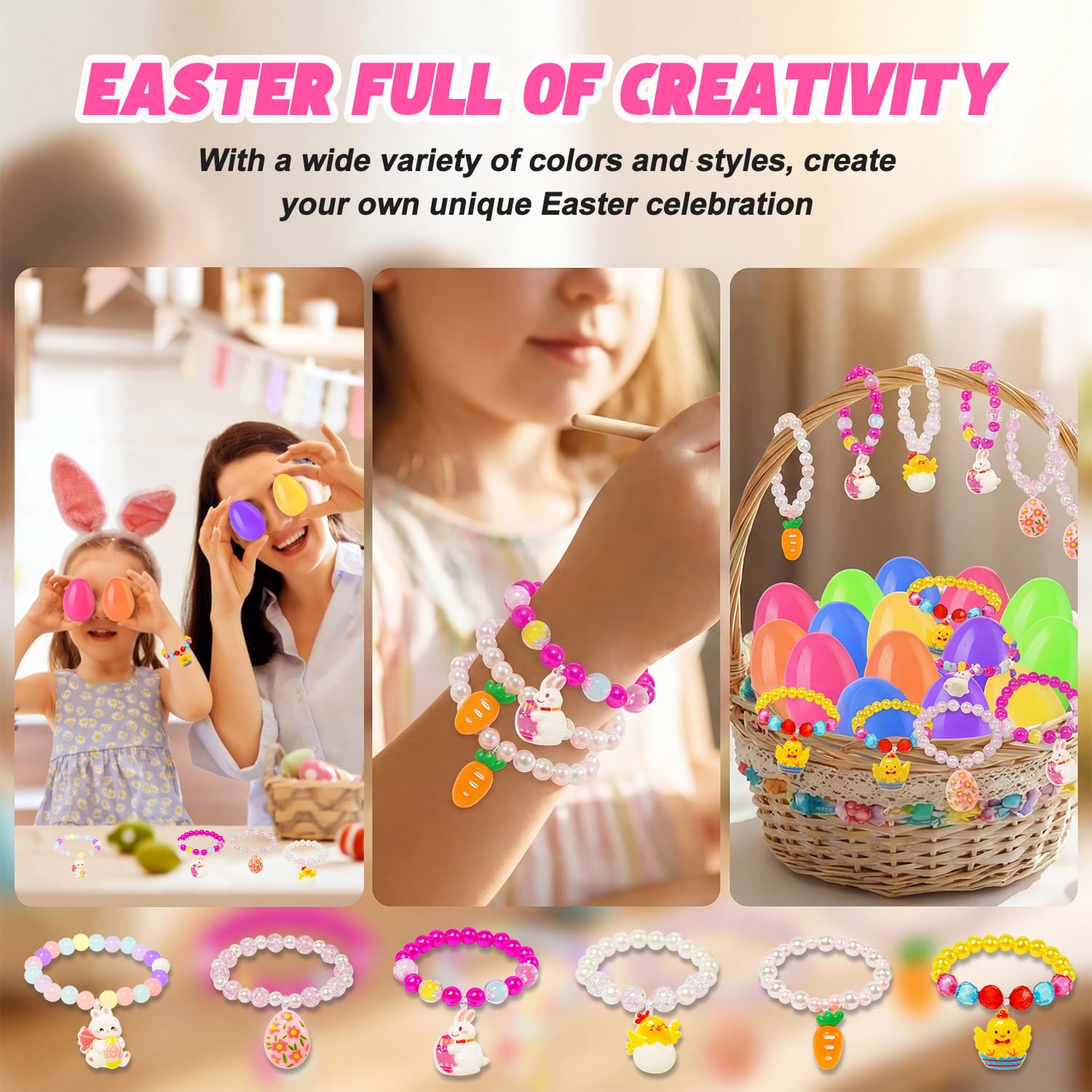 12 Pack Easter Basket Stuffers with Girls Jewelry Bracelets, Easter Eggs Gifts, Egg Hunt Surprise Toys, Easter Basket Stuffers for Girls Toddler Teens