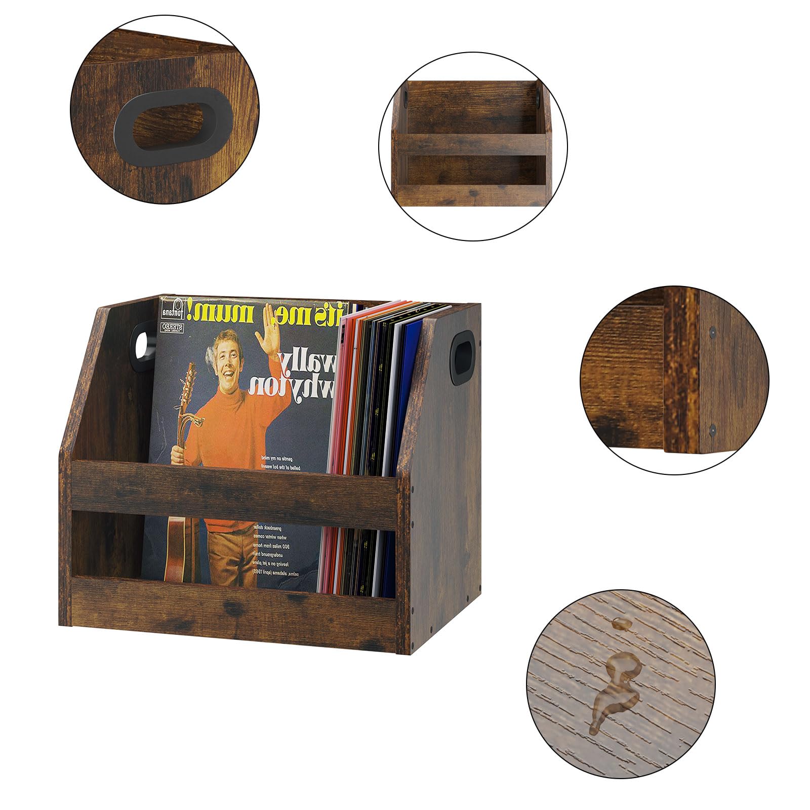 YMYNY Supporto di Immagazzinaggio di Dischi in Legno, Scatola di Album in Vinile Con Maniglia, Scaffale del Desktop Organizer Record per Cartelle, Fotografici, Marrone Rustico, 38×29×29CM, HCD001H