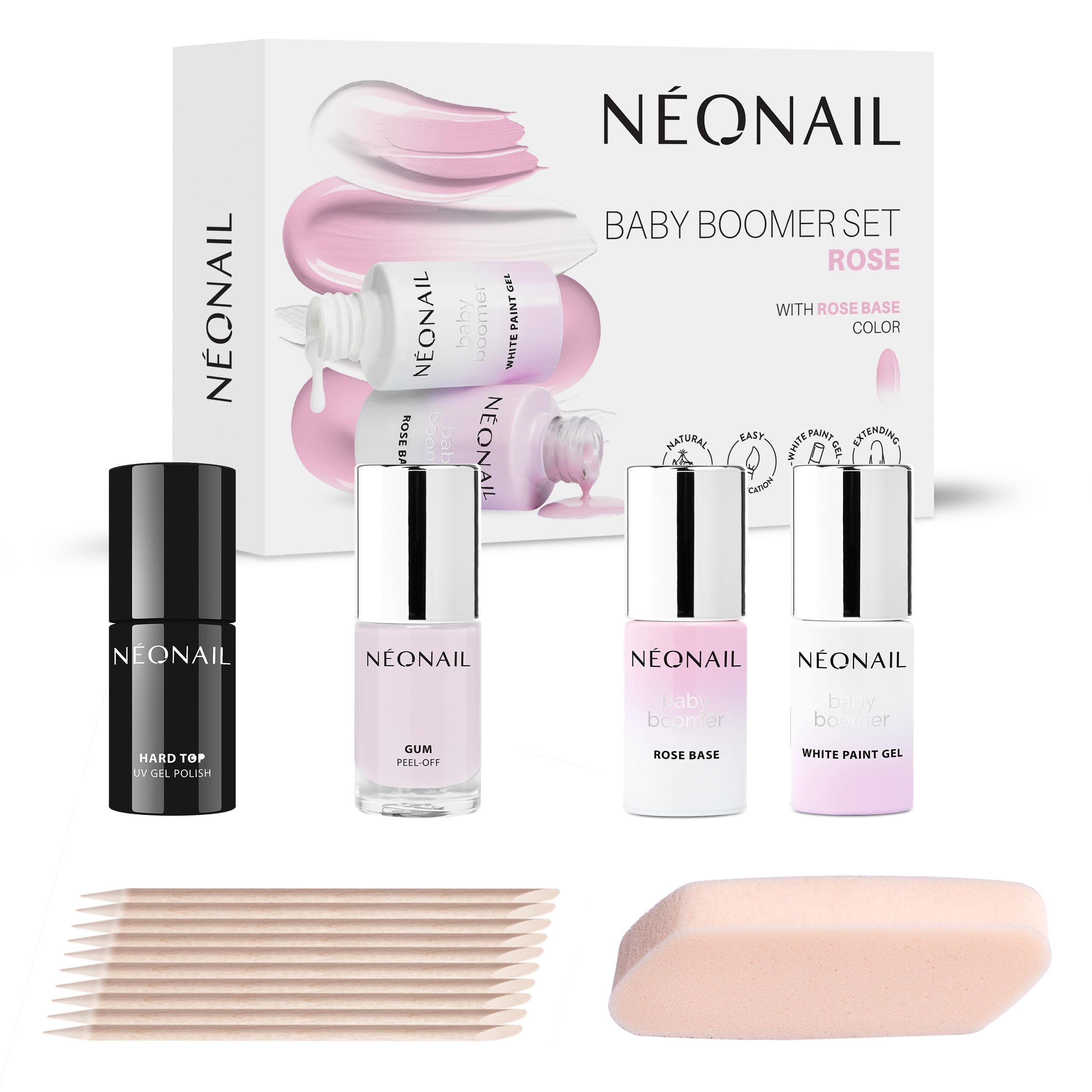 NÉONAIL Baby Boomer Set Rose – Kit manucure semi-permanente UV/LED effet dégradé élégant avec base rose, gel spécial, top coat et accessoires