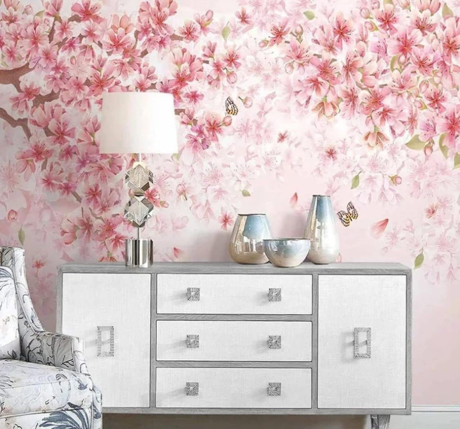 Wallpaper-3D-Xlm 350Cm×256Cm(B×H) Hand Drawn Beautiful Pastoral Pink Cherry Blossoms 3D Wallpaper Easy Install Feature Office Living Room Sofa Bedroom Tv Background Wall Decoration-350Cm×256Cm