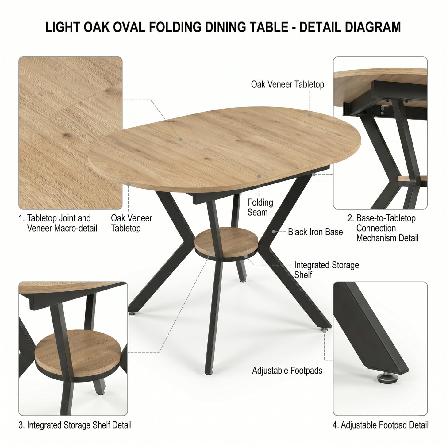 Mesa de comedor extensible con tablero de fibra de densidad media, mesa de comedor ovalada con patas de metal en forma de X, mesa de comedor redonda extensible con estante central para cocina