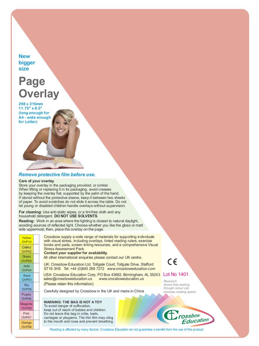 Dyslexia-Friendly Tinted A4 Page Overlays - Pink (Pack of 10) - by Crossbow Education Dyslexia and Visual Stress Specialists