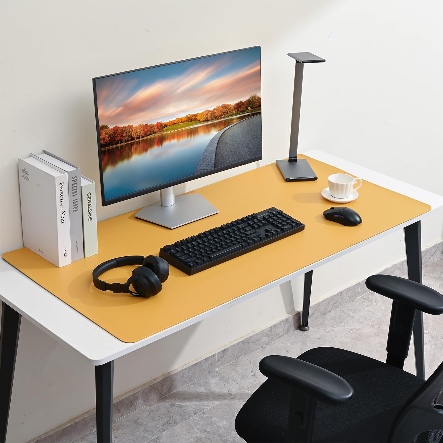 AROPANA Vegan Leather Desk Mat 120x60cm | Large Reversible Mouse Pad & Computer Table Protector | Dual-Side Waterproof Extended Laptop Pad with Edge-Stitched Design (Navy Blue and Yellow) 4