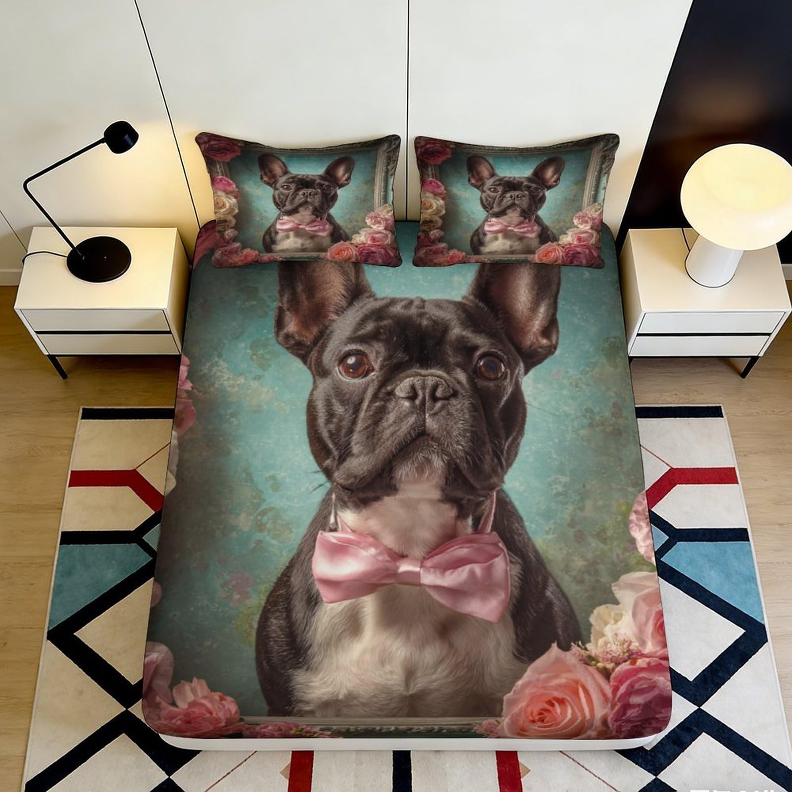Jqzkxnhpbr Style-8 3D Printed French Bulldog Fitted Sheet Microfiber Bedroom Decor Rose Flowers Mattress Cover Anti-Slip Machine Washable 90X200x25cm