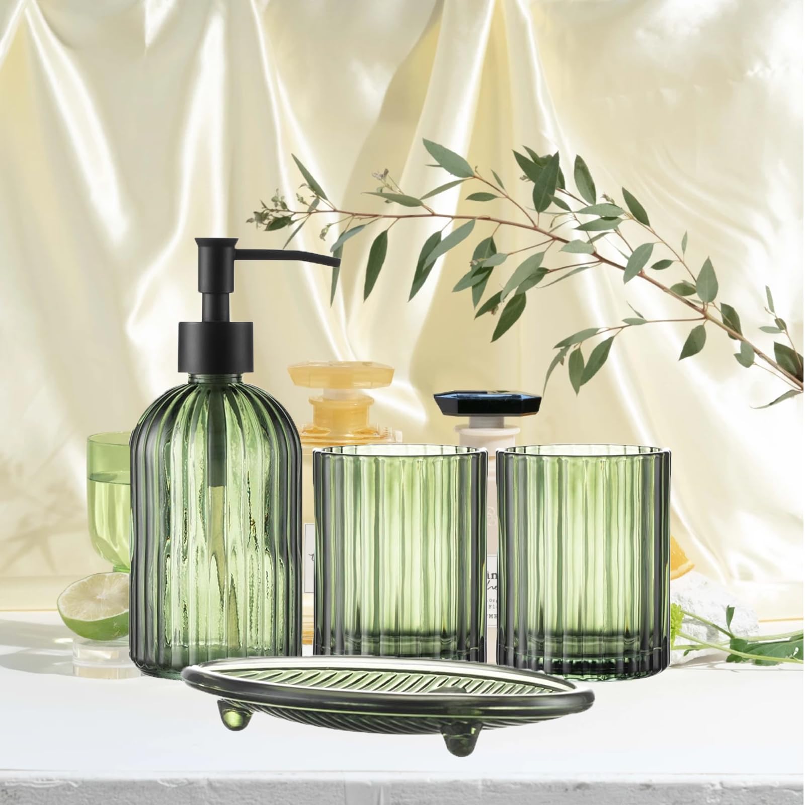 Set di accessori da bagno verde, set completo di vetro trasparente, composto da dispenser di sapone, portaspazzolino, bicchiere per sciacquone e portasapone per decorazione bagno e organizzatore