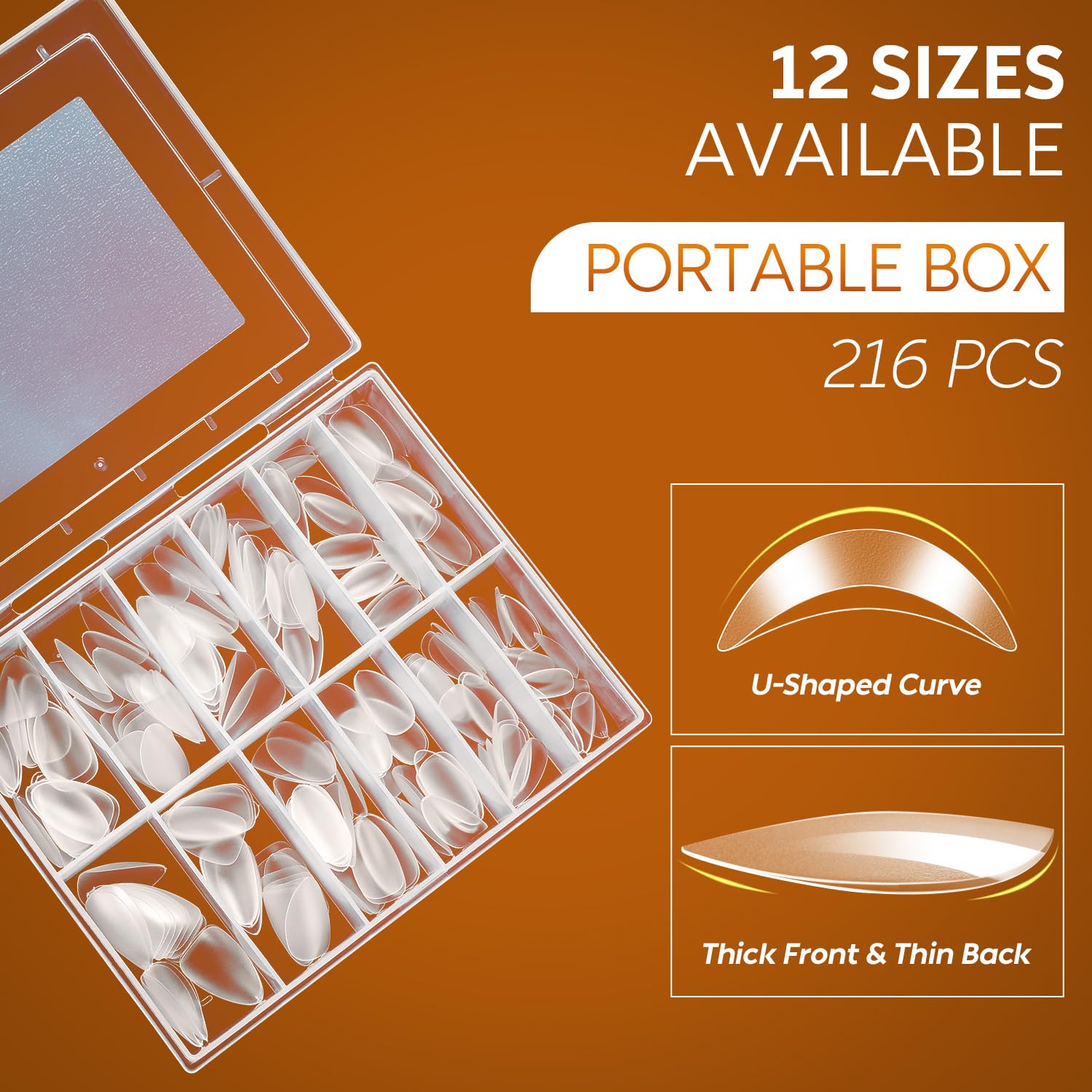 Nicedeco Almond Nail Tips, Clear Full Cover Natural False Nails, 216pcs (12 Sizes, 18pcs Each), ABS Material, 102g - Image 4